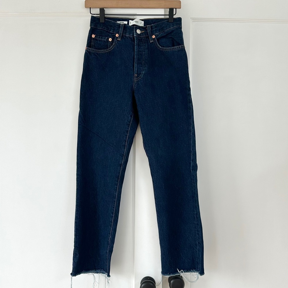 MANGO DENIM HAVANA High Rise Straight Leg Jeans Dark Wash Raw Hem Womens 4 NWOT - Picture 2 of 13